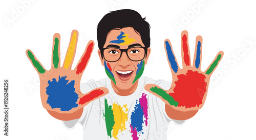 Joyful man covered in vibrant holi festival powder with outstretched hands