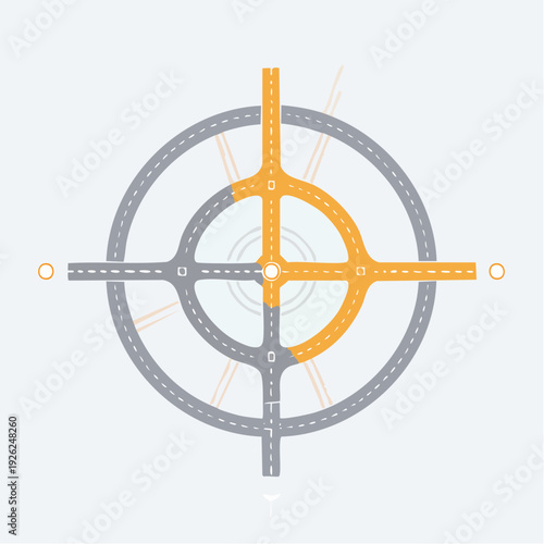 Stylized circular road network graphic illustrating interconnected routes, strategic navigation, and urban planning direction