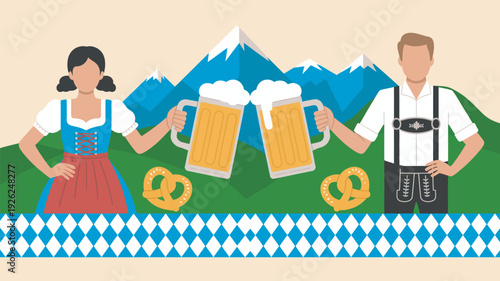 A cartoon illustration of a man and woman in traditional German clothing holding beer steins with pretzels and mountains in the background.