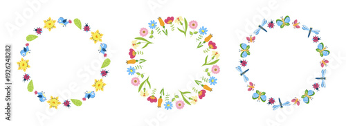 3 Round Spring floral frames collection. Copy space for inscription in center. Seasonal hand drawn card, poster, web banner. Vector illustration on white background.