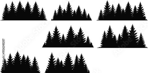 Evergreen pine forest silhouette set, black tree line collection isolated vector illustration for landscape background, logo design, nature branding