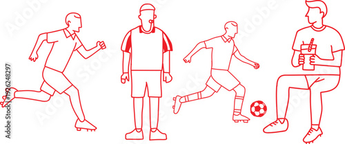 Collection of minimalist red line art icons depicting various soccer players engaging in different match activities including running dribbling standing still and resting while holding a beverage read
