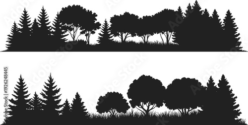 Forest landscape silhouette panorama, pine and deciduous trees with grass isolated on white background, black nature vector illustration
