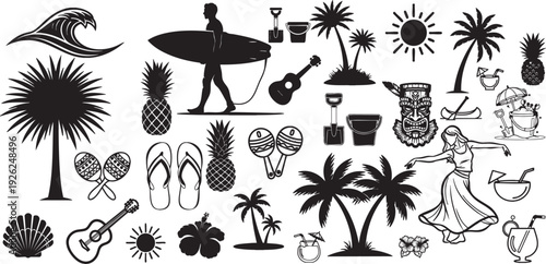 Black and white tropical beach including palm trees pineapples surfboard