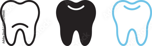 Tooth icon set vector illustration, cute smiling sad happy teeth outline black blue for dental hygiene kids dentist and oral health