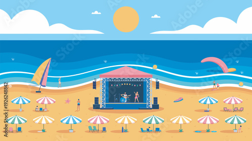 A vibrant beach scene with a stage and band performing under a sunny sky with colorful umbrellas and people enjoying the ocean