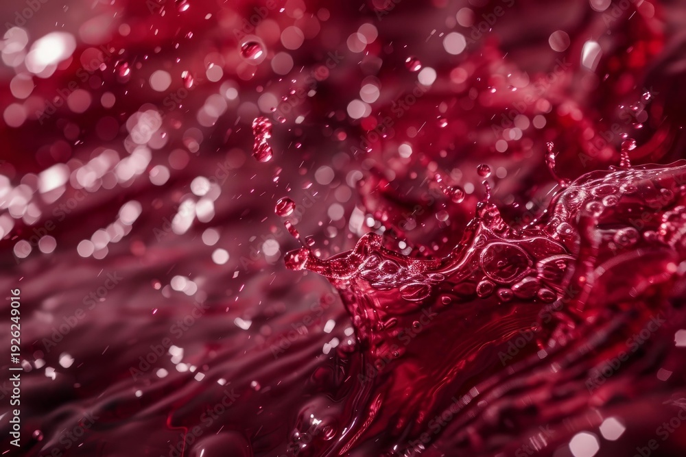 Naklejka premium Crown shaped red wine is splashing, creating drops and bubbles with beautiful bokeh in the background