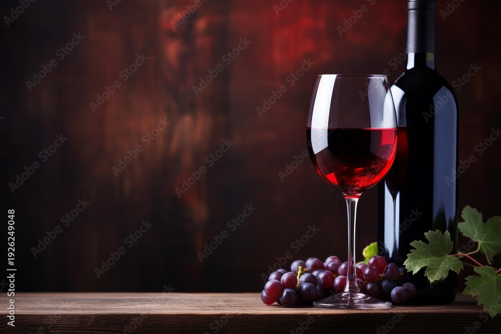 Naklejka premium Red wine in a glass, a bottle, and fresh grapes on a rustic wooden table