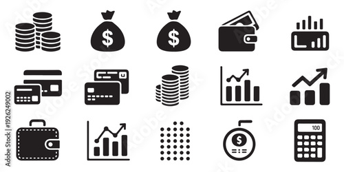Business analytics and financial data visualization icons including charts coin stacks and office equipment