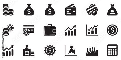 Economy and wealth management icons with bar graphs money bags coin stacks and financial security symbols