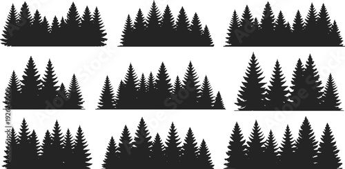 Pine forest silhouette set, black evergreen tree collection isolated vector illustration for logo design, landscape background, nature branding element