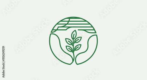A pair of hands cradling a sprouting plant surrounded by a circular earthy landscape 
