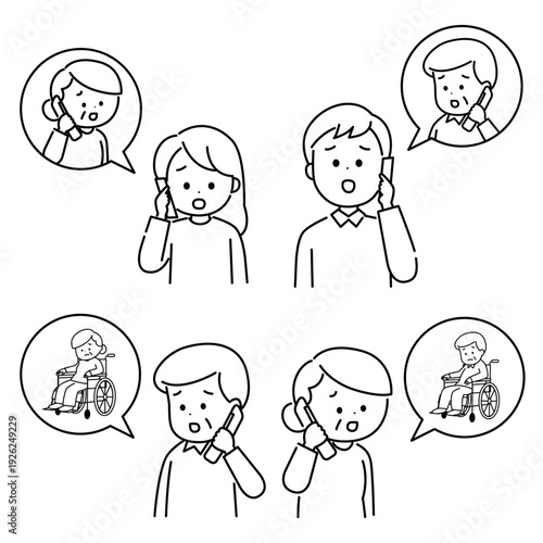 心配な表情で電話をしている人々　線画