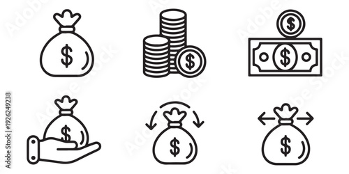 Money bag and cash outline icons showing currency exchange and financial transactions with coins and bills