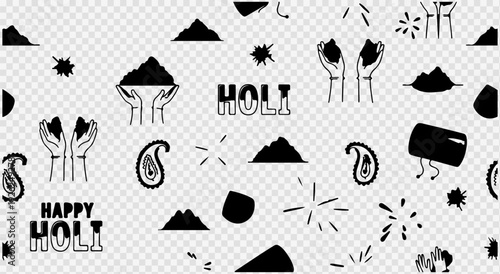 Holi festival doodle icon collection. Includes hands holding gulal powder, paisley, powder piles, and text elements like HOLI and HAPPY HOLI. Created in black outline and solid fill style with a