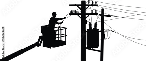Silhouette of electrical lineman in bucket truck repairing transformer and overhead power lines utility maintenance isolated on white background illustration
