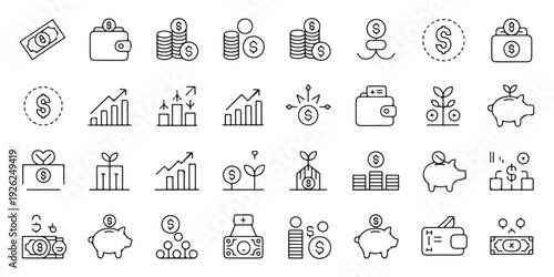 Extensive finance and investment line icon collection featuring piggy banks wallets and growth tree symbols