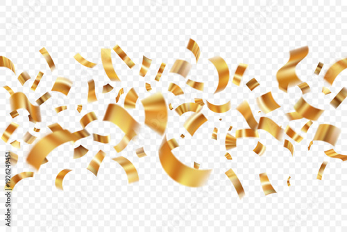 Gold confetti with flying ribbons and glitter particles. Birthday decoration with sparkling yellow paper elements, glitter and flying streamers. Vector illustration
