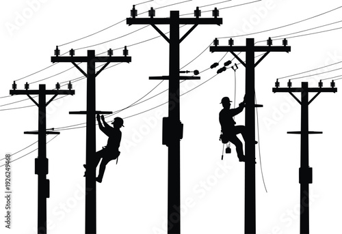Silhouette of electrical workers climbing power line poles performing maintenance on overhead cables urban energy infrastructure isolated on white background illustration