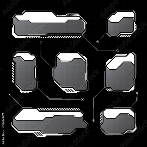White futuristic HUD, UI elements. Sci-fi user interface text boxes, callouts. Warning message frames, information boxes template. Modern game interface layout in digital style. Vector illustration