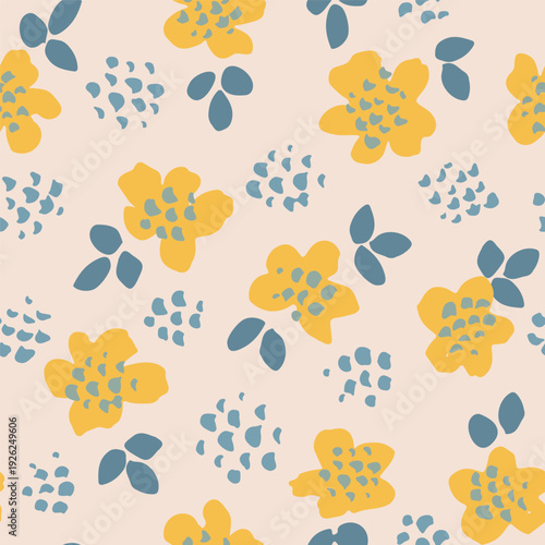 Scattered wobbly blooms and leaves with brush mark texture as an minimalist botanical design in colors of yellow and blue on cream background. Floral seamless vector pattern. Great for home decor, etc