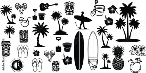 Black and white tropical beach including palm trees surfboards and tiki masks
