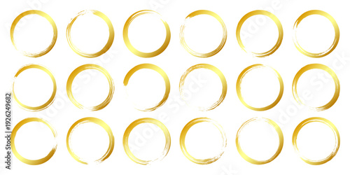 Golden grunge circles, brush strokes, lines, ink smudges, hand-drawn scribble shapes. Handmade sketchy marks, acrylic stains, charcoal streaks. Paint textures, dry brush effect. Vector illustration