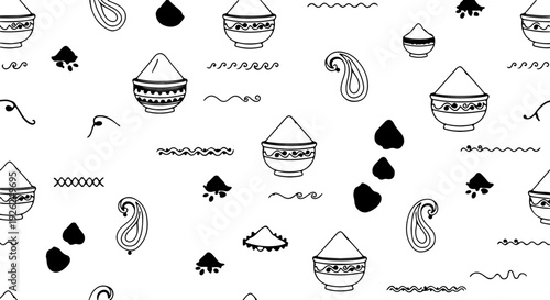 Holi festival outline seamless pattern. Includes bowls of powder, powder piles, and paisley elements. Created in black and white line art style.