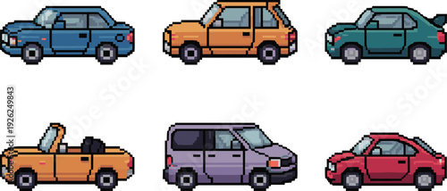 Pixel art cars collection, retro 8-bit vehicles, colorful compact automobiles, side view, icon set for games, apps, web, design, illustration