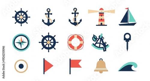 Nautical themed collection of various maritime symbols and icons for design.
