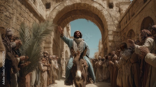 Man riding a donkey under an ancient stone archway while waving to cheering crowds carrying palm fronds. Nativity triumphant entry Hosanna. 