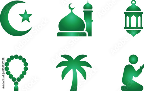 Islamic green icon set. Includes mosque, crescent moon, prayer beads, palm tree, and lantern. Created in flat style with green color.