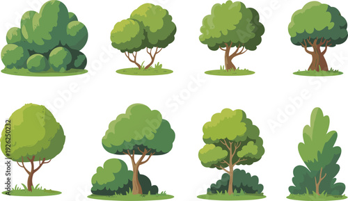Collection of green trees and bushes vector illustration, cartoon forest plants isolated on white background nature design set