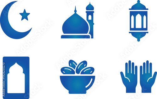 Ramadan icon set. Includes crescent moon, mosque, lantern, prayer, tea, and hands. Created in blue flat style with solid colors.