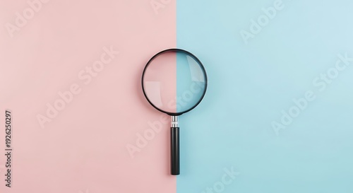 Top view magnifying glass with copy space on pastel background. Minimal modern composition for search, research, analysis, branding, and clean stock photography concepts.