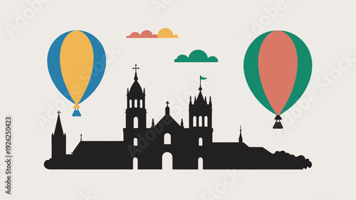 A vibrant cityscape with hot air balloons floating above a historic church