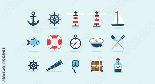 Nautical themed icons collection representing maritime elements and sailing adventures.