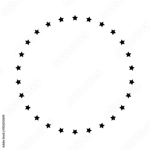 Stars of various sizes arranged in a circle. Round frame, border. Black star outline, simple symbol. Design element, ornament. Line art. Vector illustration