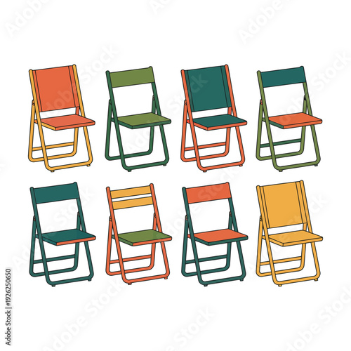 Eight foldable outdoor chairs in various vibrant colors are displayed.