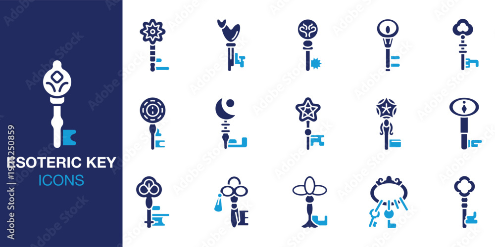 Fototapeta premium Esoteric Key icon set. Containing rune, glyph, ancient, enchanted, ritual, portal, gateway and more. Solid vector icons collection. Vector illustration.