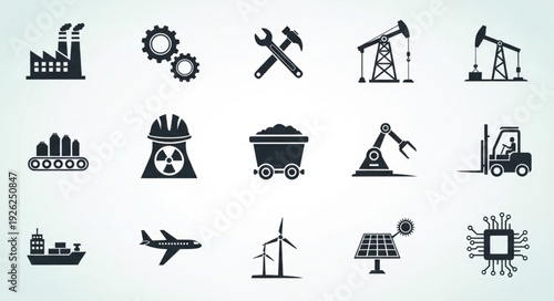 Collection of industrial icons representing various aspects of manufacturing and production processes.