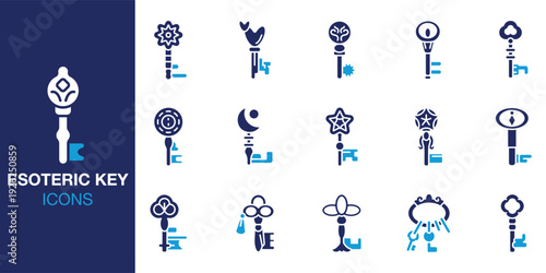 Esoteric Key icon set. Containing rune, glyph, ancient, enchanted, ritual, portal, gateway and more. Solid vector icons collection. Vector illustration.