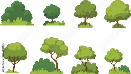Cartoon green trees and bushes vector set, forest plants isolated on white background, flat nature landscape illustration collection