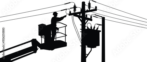 Silhouette of electrician working on utility pole with bucket truck repairing power lines electrical distribution maintenance isolated on white background