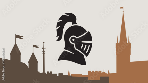 A medieval knight's helmet silhouette against a city skyline with towers and flags