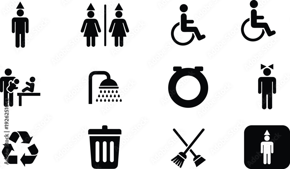 Naklejka premium Public restroom and cleaning service flat vector icon set, accessibility symbols, hygiene facilities, recycling collection