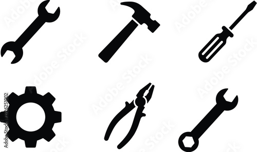 Hand tools flat vector illustration set, wrench hammer screwdriver pliers gear icons, repair equipment symbol collection isolated