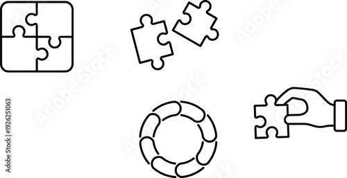 Puzzle pieces flat vector icon set, jigsaw solution concept, teamwork collaboration symbol collection isolated
