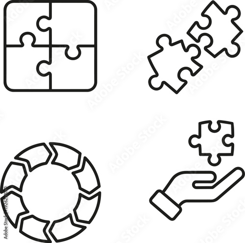 Puzzle pieces flat vector icon set, jigsaw teamwork solution, collaboration and connection symbol collection isolatedPuzzle 