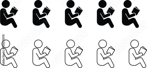 Reading person flat vector icon set, student reading book silhouette, education learning symbol collection isolated